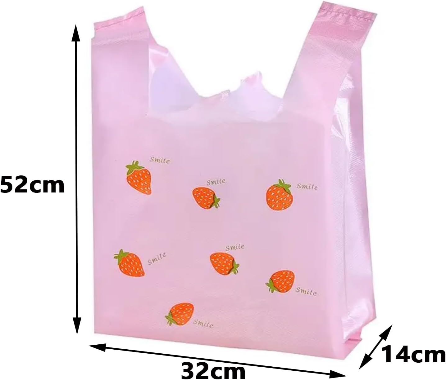 50 PCS Pink Strawberry Plastic Bags with Handles,Shopping Bags for Bakery Grocery Business Restaurant Convenience Store (12.6x20.5inch) image 2