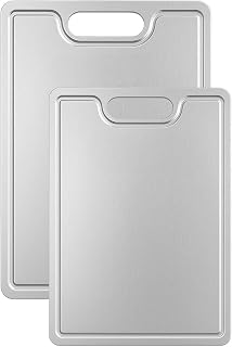 AEE® 2'li Paslanmaz Çelik Kesme Tahtası Seti – Su Kanallı Dayanıklı Metal Kesim Panosu – 23x34 cm ve 20x30 cm 1mm Mutfak Tahtası – Antibakteriyel Gıda Temasına Uygun
