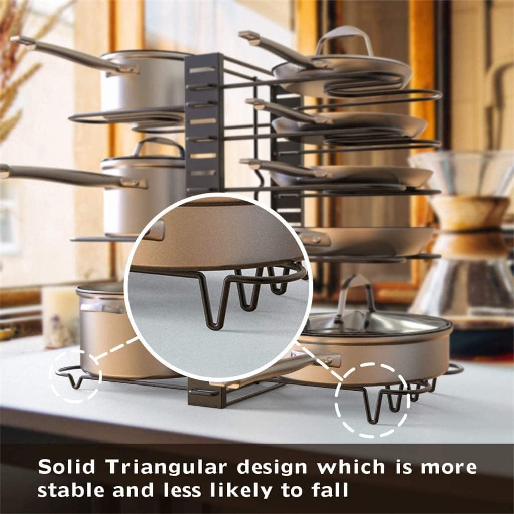 8 Tiers Adjustable Pots and Pans Organizer Rack 3 DIY Methods Heavy Duty Metal Lids Storage Holder for Kitchen