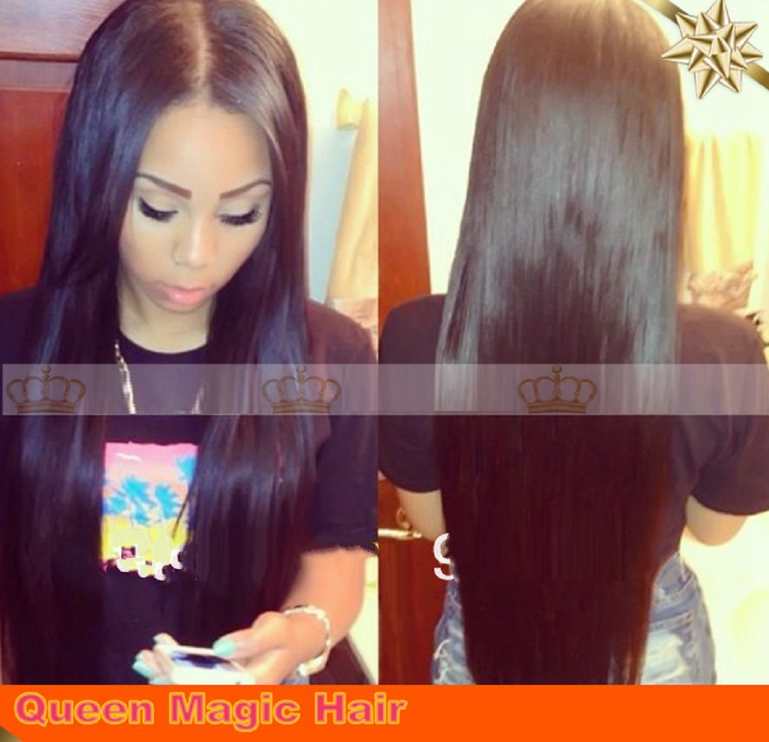 Brazilian Straight Silky Virgin Human Hair Wigs Lace Front Glueless (16inch, Natural blk (Can dye))