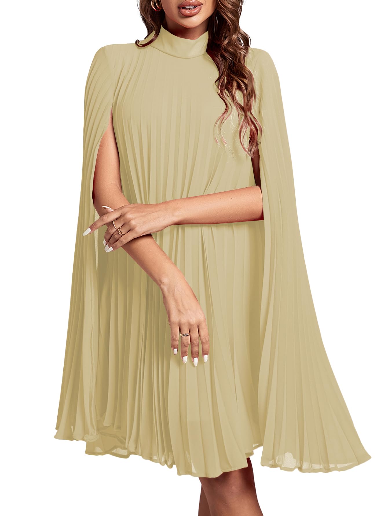 Rooscier Women's Mock Neck Cloak Sleeve Pleated Keyhole Back Flowy Party Midi Dress