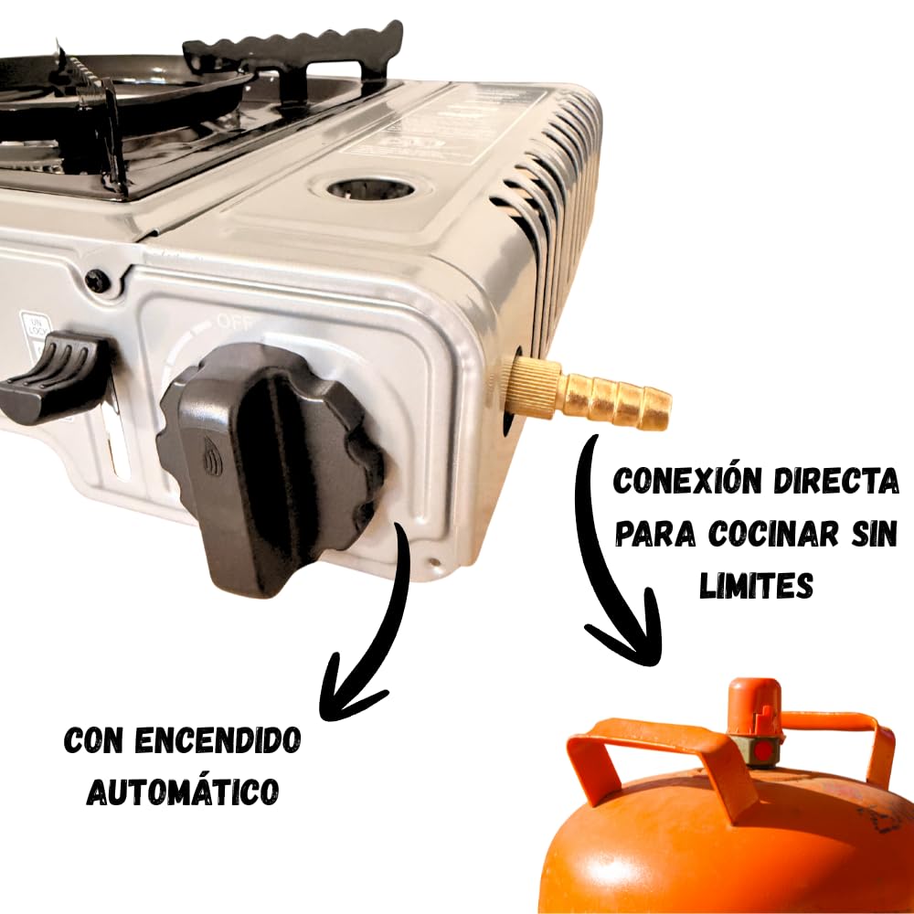 Cocina de Camping Gas Portátil DUAL – Compatible con Cartucho B250 y Botella de Butano – Hornillo Camping Potente, Seguro y Compacto para Exterior (COCINA DUAL + MANGUERA + REGULADOR GAS)