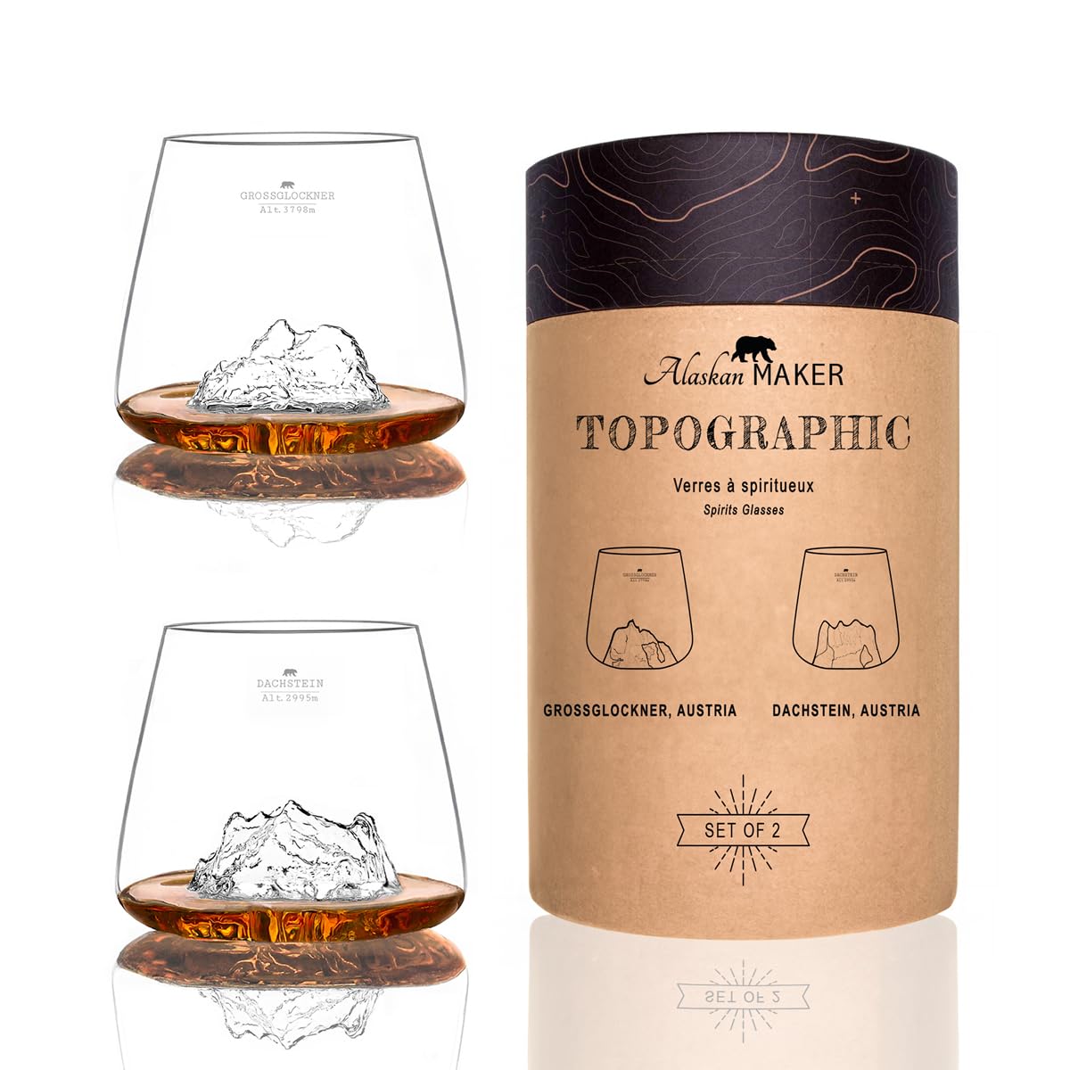 Whiskygläser 350 ml (2 Stück) – hochwertiges Borosilikatglas, handgeblasen mit geprägten Bergen | Tulpenform | TOPOGRAPHISCHE Spirituosen (Österreichische Berge)