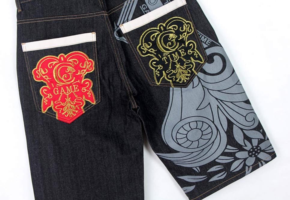 Chowsir Men Fashion Loose Embroidery Hip Hop Straight Denim Jeans Baggy Jeans