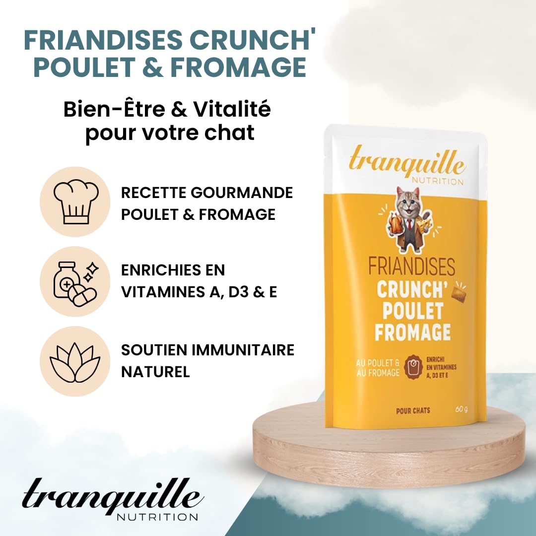 Tranquilo Golosinas Gato Crunch' Pollo Queso (40 x 60 g) | Vitaminas A D3 E Croqueta Gato | Snack Saludable y Sabroso Gatito y Gato Adulto | Ayuda a Fortalecer la Inmunidad & Huesos