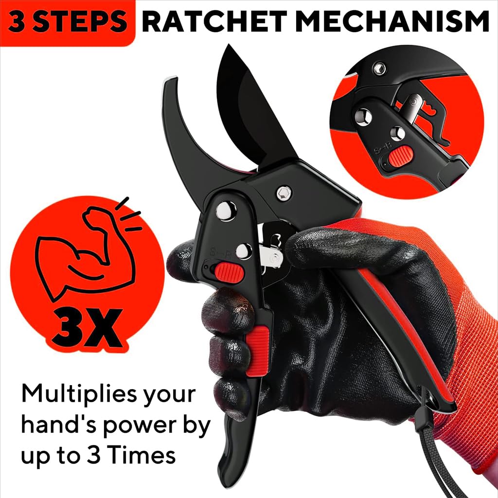 HASTHIP® Gardening Scissor with Safety Lock, Labor Saving Pulley Stainless Steel SK5 Blade Garden Snip, Garden Shears Sharp Cutter Pruners Scissor for Lawn, Garden & Potted Plants 1