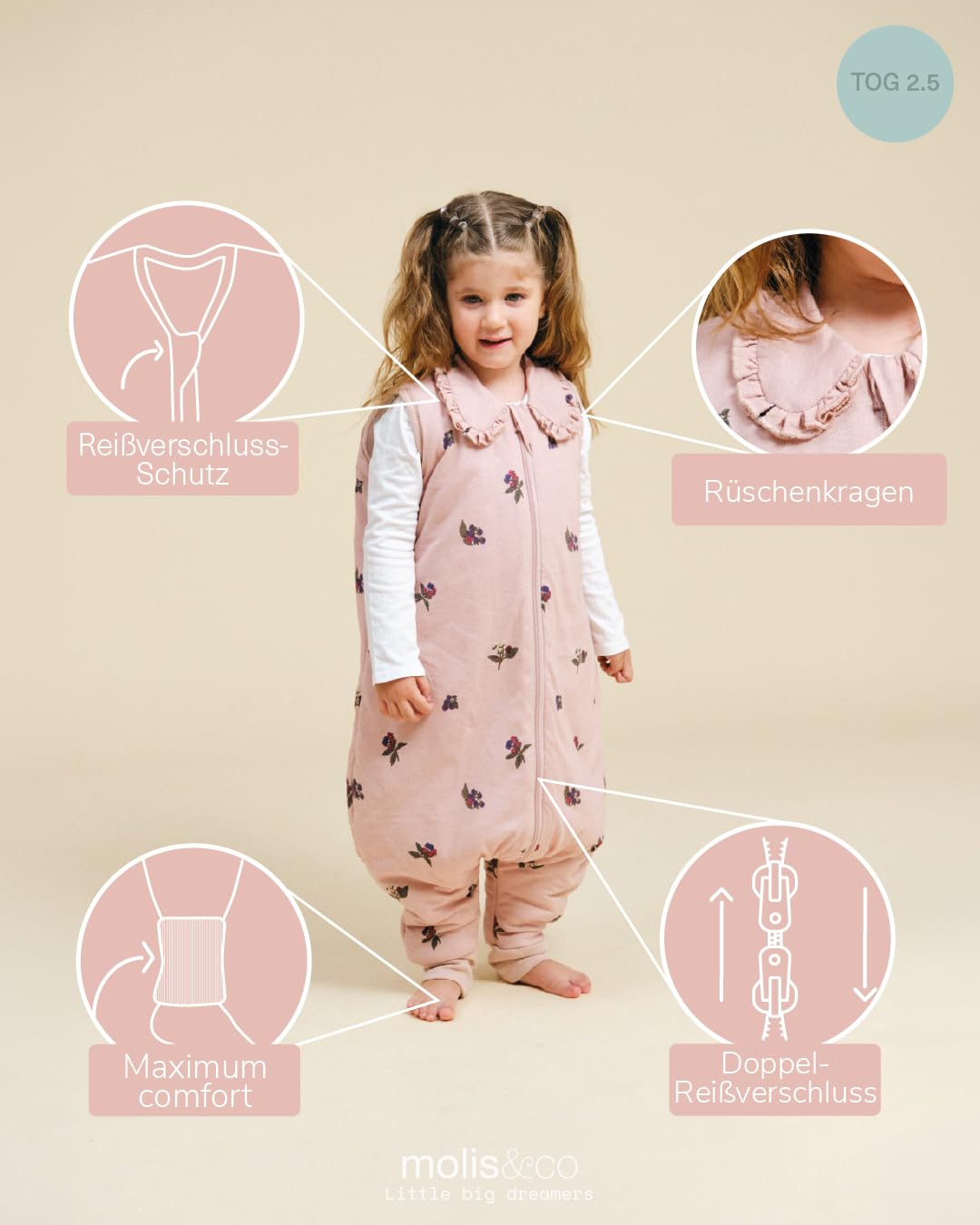 molis&co - Baby Schlafsack mit Füßen 2.5 TOG - Ganzjahres Schlafsack - Babyschlafsack mit Beinen - 100% Baumwolle (Oeko-TEX 100), Winterschlafsack Premium Qualität - Winter Flower (117 cm)
