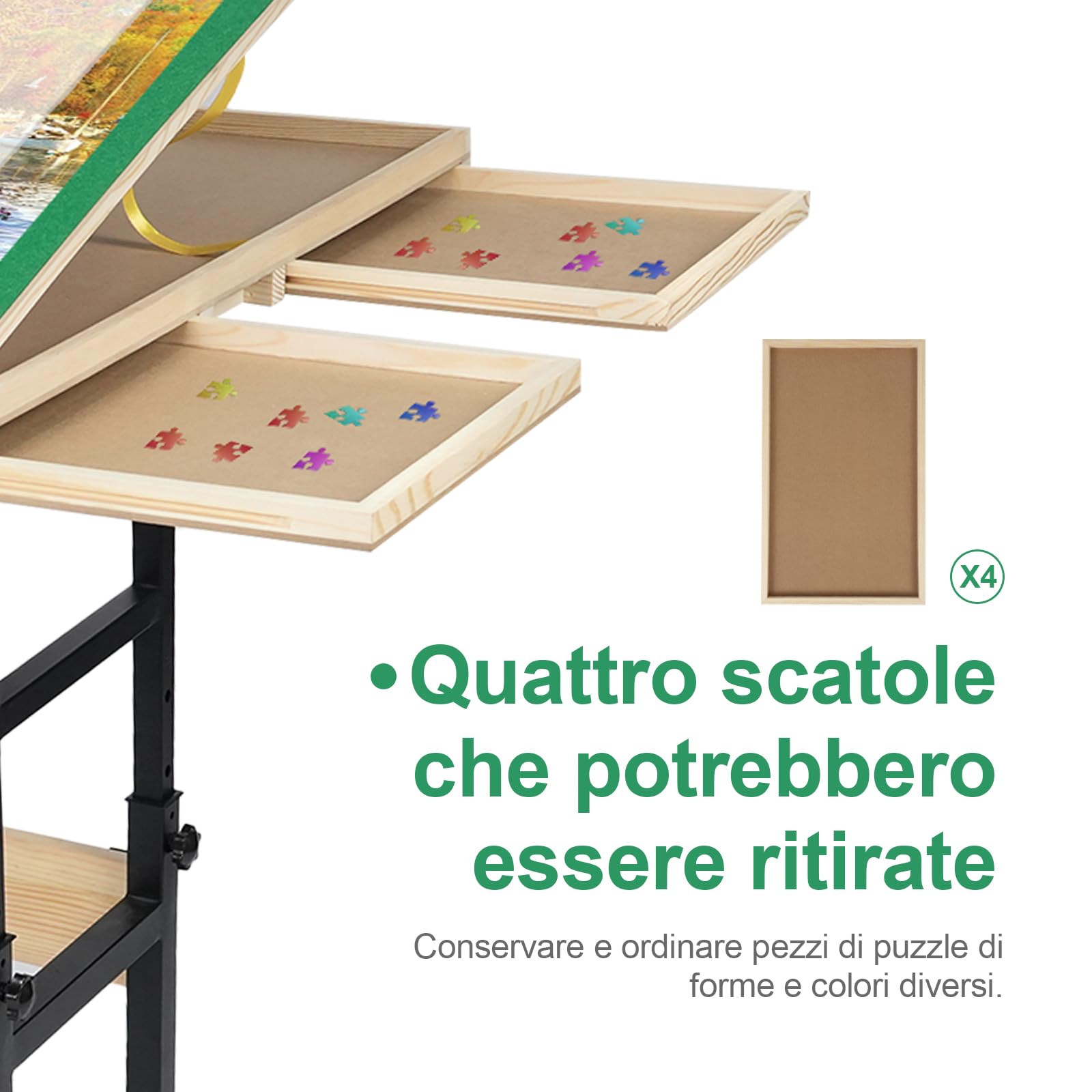 Tavolo da Puzzle in Legno con Gambe per 1500 Pezzi 89x69 cm Altezza Regolabile Inclinazione 45 Gradi 4 Cassetti con Coperchio Ideale Regalo per Adulti