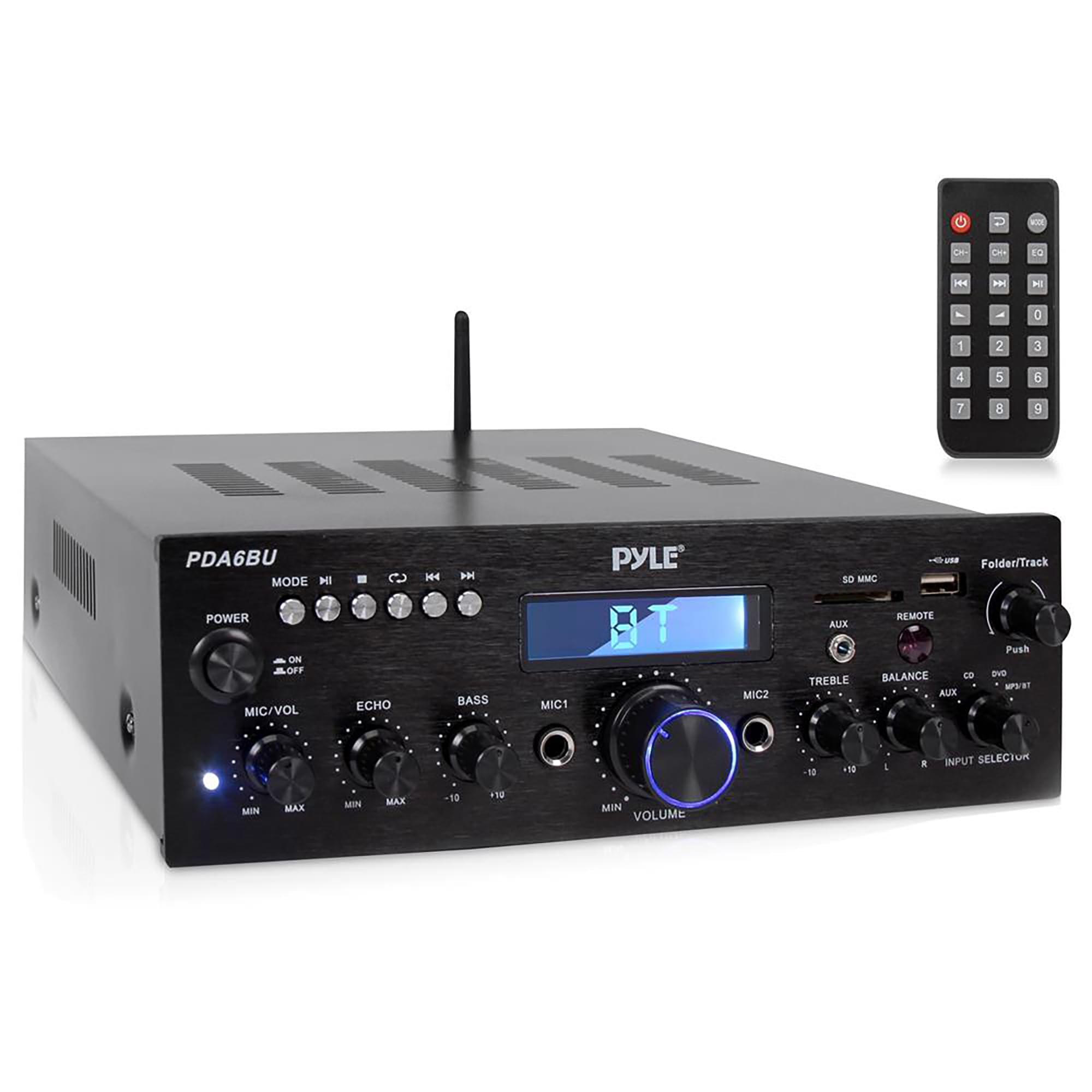 Pyle Sistema Amplificatore Audio Bluetooth, 200 Watt Potenza di Picco, Dual Channel, Audio Stereo, USB, SD, AUX, Ingresso MIC con Effetto Eco, Radio, Display LCD, Ingressi RCA