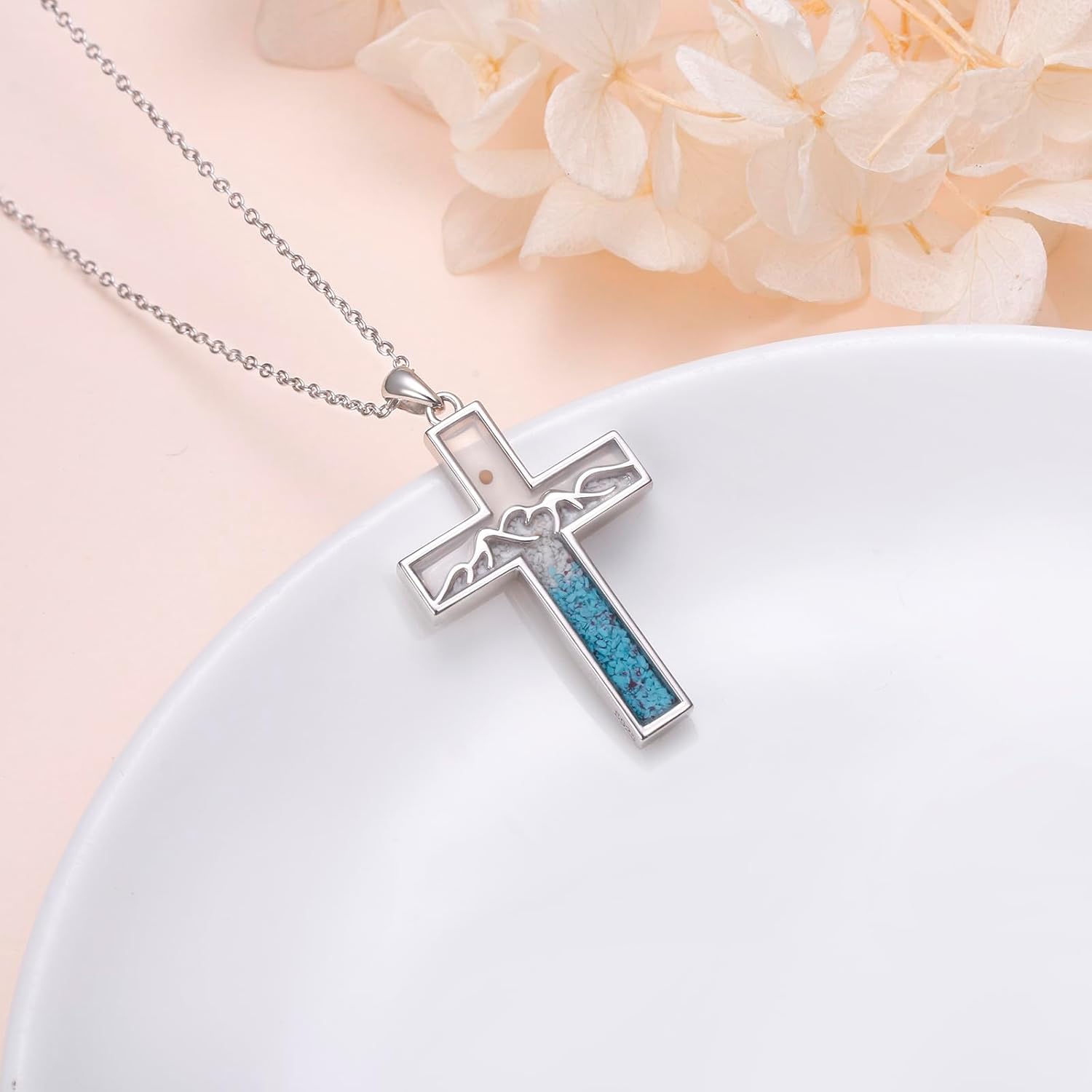 Ladytree Mustard Seed Cross Necklace for Women Sterling Silver Faith Moves Mountains Pendant with Created Turquoise Religious Inspirational Christian Jewelry Gift