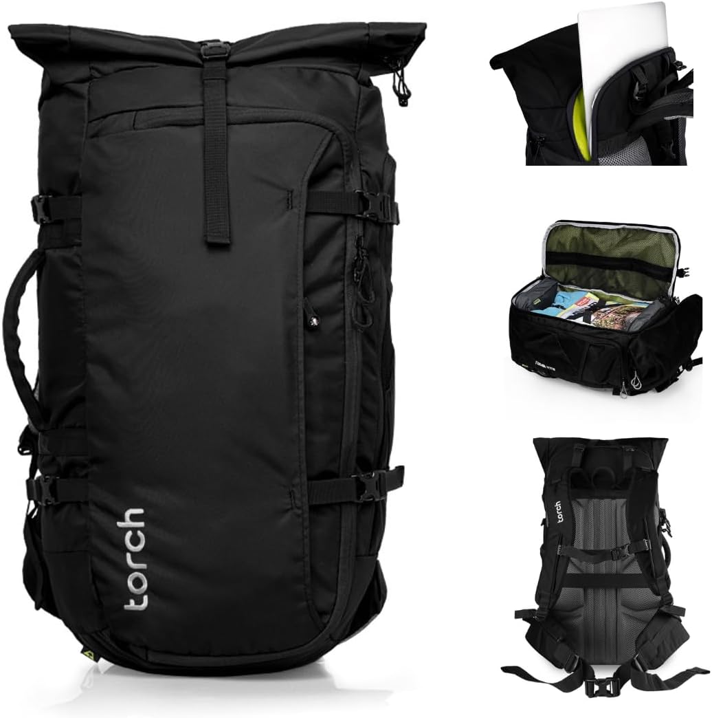 torch 45l Travel Backpack for Men - Extra Large Carry on Laptop Backpack Flight Approved with Rain Cover for Outdoor, Hiking, Camping - Fujisawa (Black)