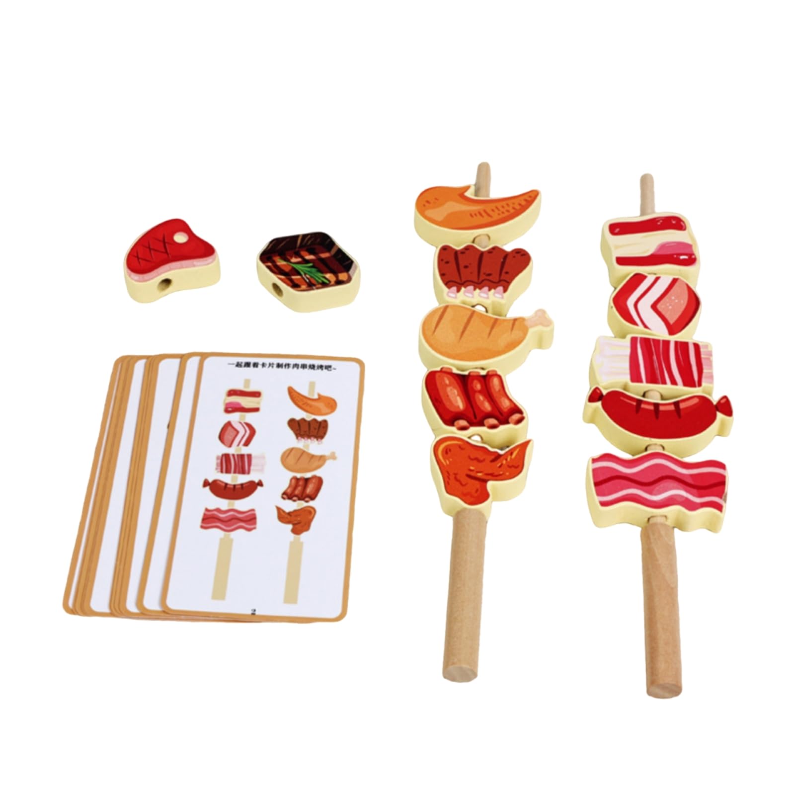 Children Cognitive Game Fruit Lacing Beads Threading Toy Stacking Blocks Pattern Cards Wooden Material For Early Learning Skills And Parent Child Play, Bbq Meat Skewers