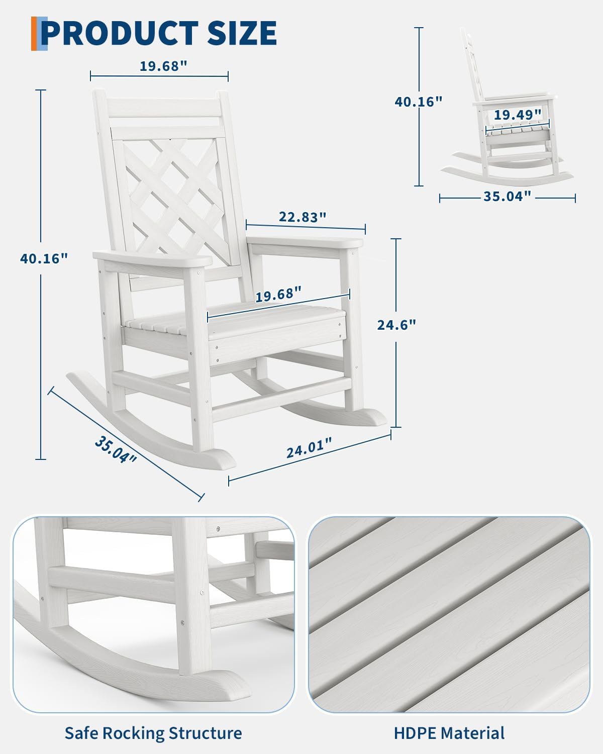 Garvee Silla Mecedora de Exterior HDPE con Veta Madera, Sillón Balancín para Jardín Ergonómico con Respaldo Cuadrado y Rejilla, Butaca de Terraza Resistente a Intemperie y UV, 73x85x95 cm, Blanco