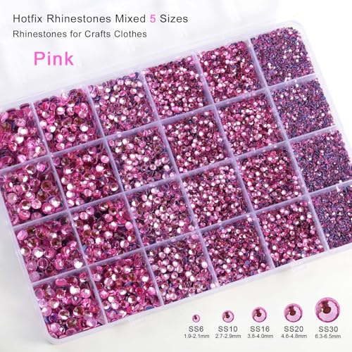 Image of Hotfix Rhinestones Kit,Dark Pink, Mixed 5 Sizes 14400pcs | Hot Fix Crystals, for Bedazzling Clothes Crafts, with Wax Pencil,Tweezers and Spoon,SS6-SS30