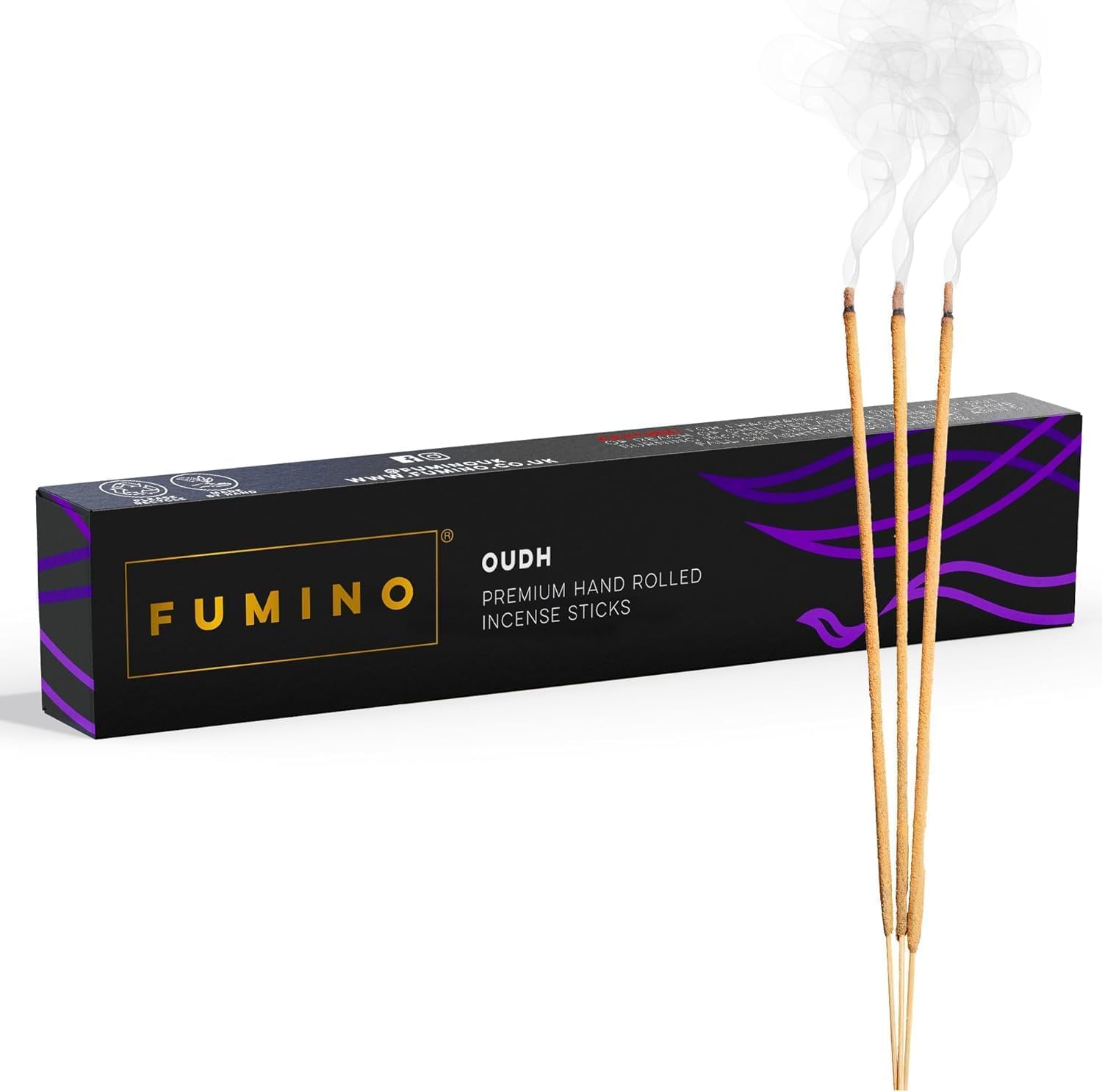 Fumino Black Incense Sticks Oudh 14 Pack - Natural Handmade Low-Smoke, 25-Min Burn