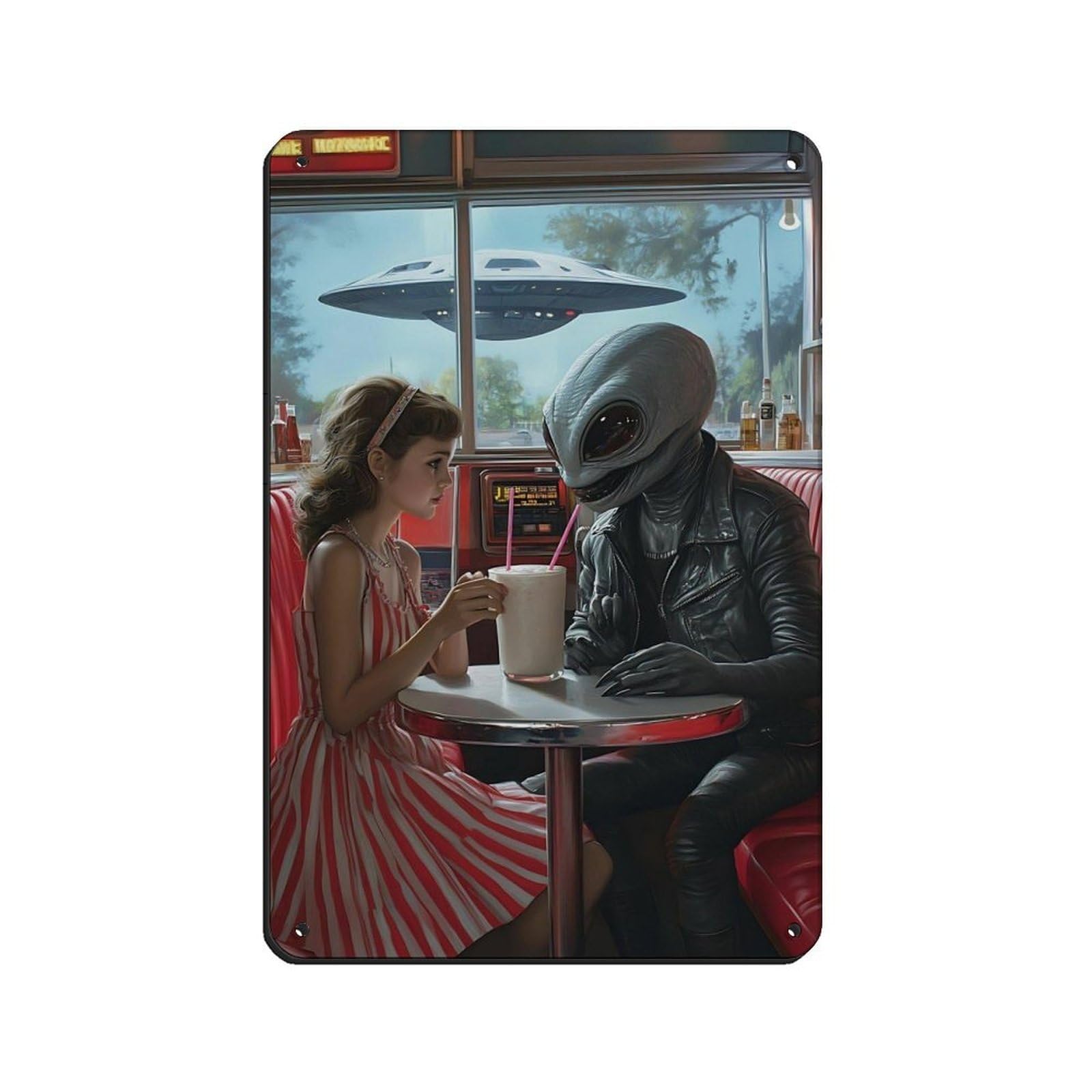 Lxwnze 20L X 30W Cm Alien Diner Encounter, Retro Sci-Fi Art Tin Sign Vintage Metal Pub Club Cafe Bar Home Wall Art Decoration Poster Retro 8X12inch(20X30cm)