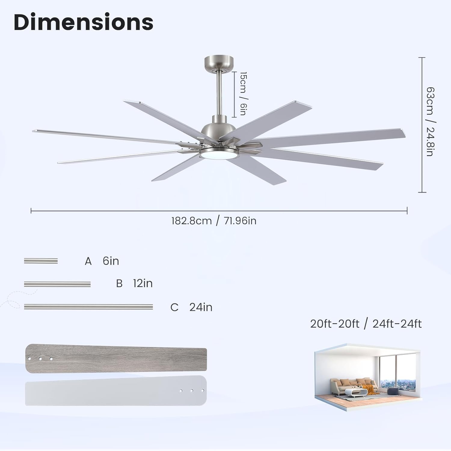 Newday 72 inch Large Ceiling Fans with Lights and Remote, Indoor/Outdoor Brushed Nickel Ceiling Fan for Living Room Patio, 6 Speeds Slient Reversible DC Motor, 3CCT, Timer, 3 Downrods, 8 Blades