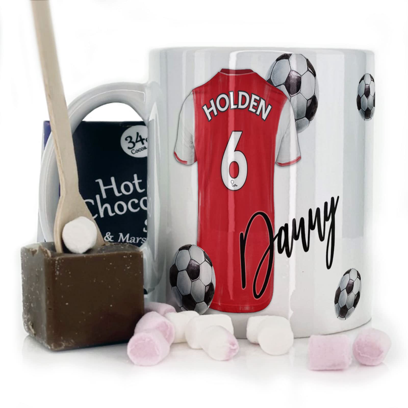 Personalised Mug and Belgian Milk Chocolate/Hot Chocolate Stirrer Marshmallow Gift Set, Customised with Name / Number / Text, (11oz) White, Blue, Black, Pink Mug with Red and White Football Shirt โ image 1