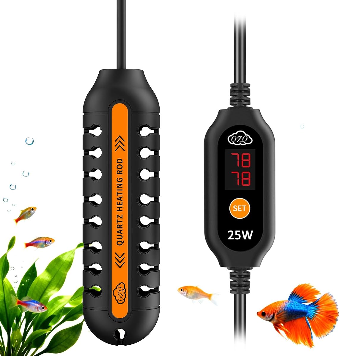Calentador de acuario, calentador de pecera ajustable de 25 W con pantalla digital | Controlador de temperatura externo, calentador sumergible para tanque de tortugas