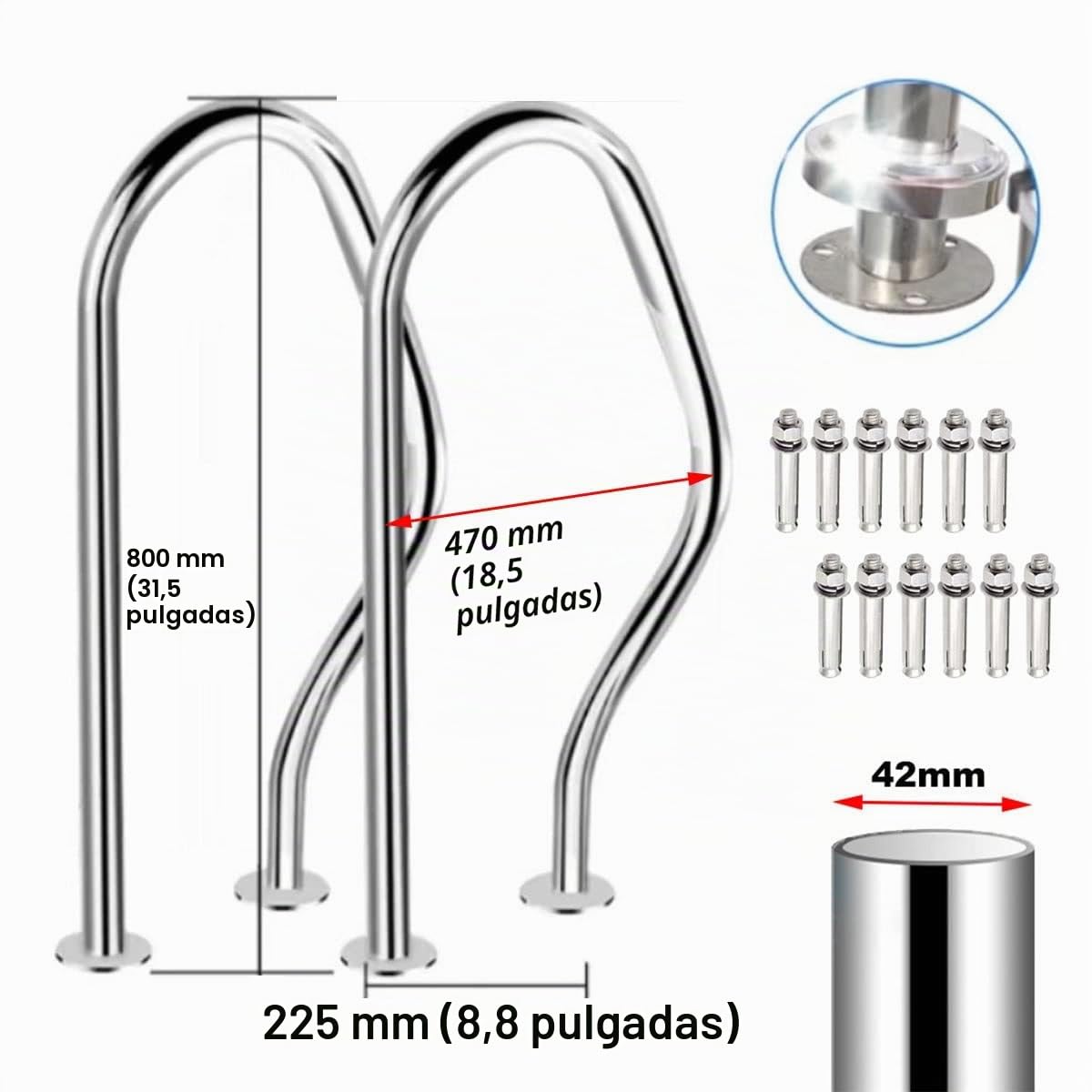 80x47cm Pasamanos Barra De Mano De Piscina De Acero Inoxidable 304, Agarre De Mango Grande Manijas Humanizadas, Adecuado para Piscinas, Rampas De Entrada, Spas, Parques Acuáticos (Size : One)