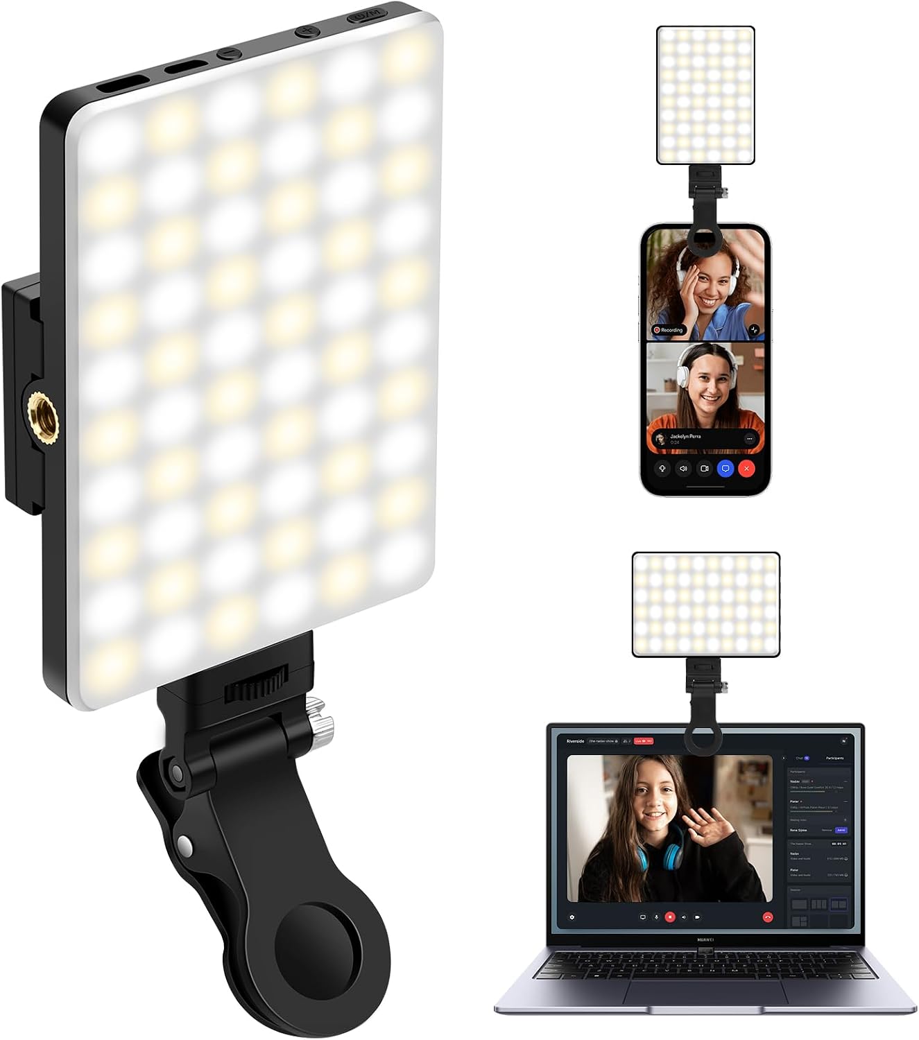 Selfie Light Portable Phone Light, Eagerey 60 LED Rechargeable Fill Lights with Front & Back Clip, CRI 95, 3 Modes, Clip on Lights for TikTok Tablet/Laptop, iPad, Conference Vlog Video