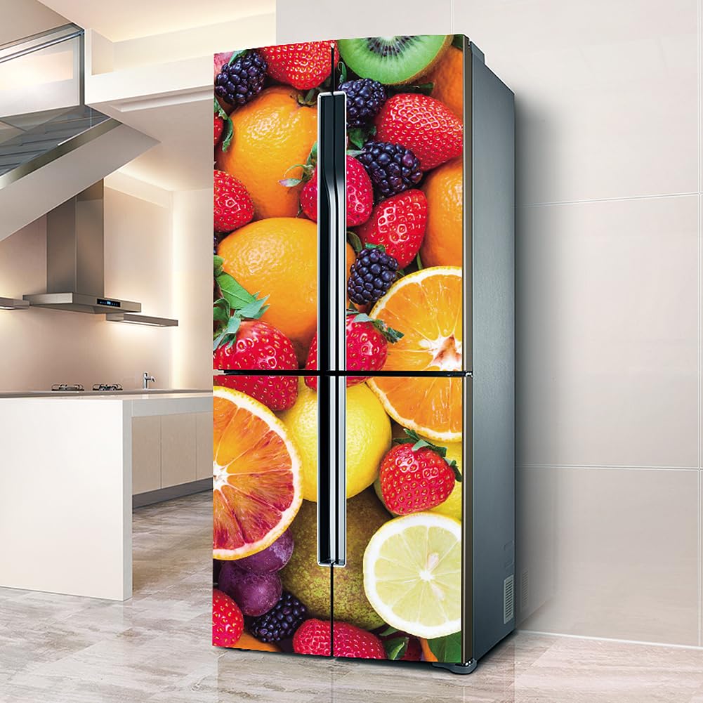 Myxjx One Color Fridge Wrap, Full Covering Door Fridge Covers Skins Wall Stickers For Kitchen Decal, Strawberry And Orange Color Fruit