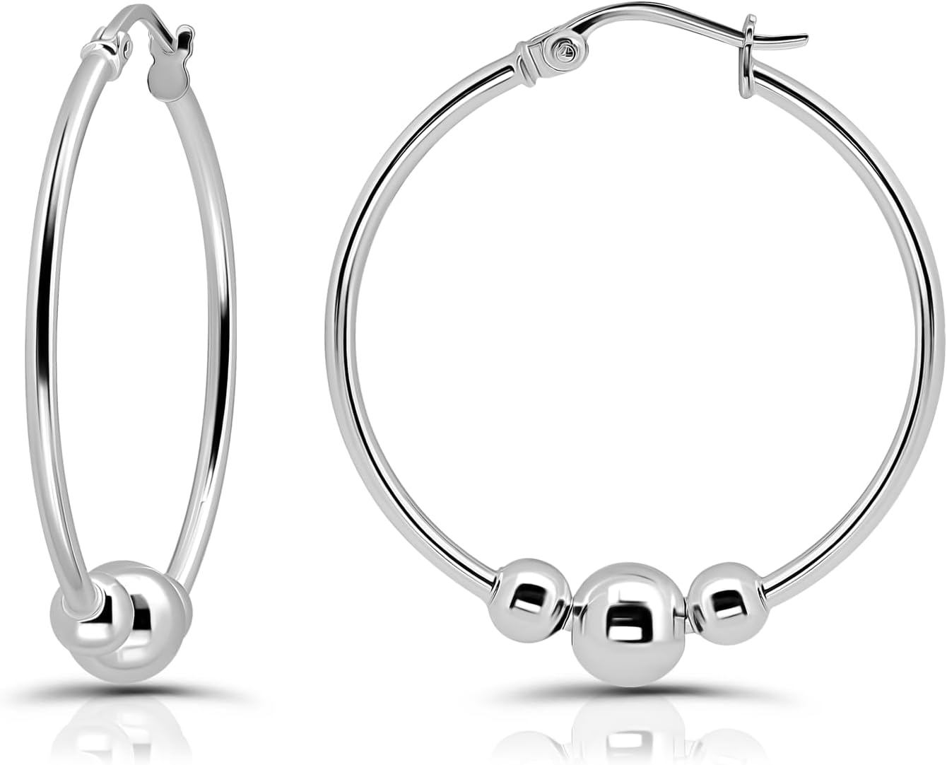 Hoops & Loops 925 Sterling Silver Beaded Ball Hoop Earrings, 30mm Three Beads Click-Top Hoops for Women | Silver, 14k Gold Yellow & Rose Gold Flash Plated