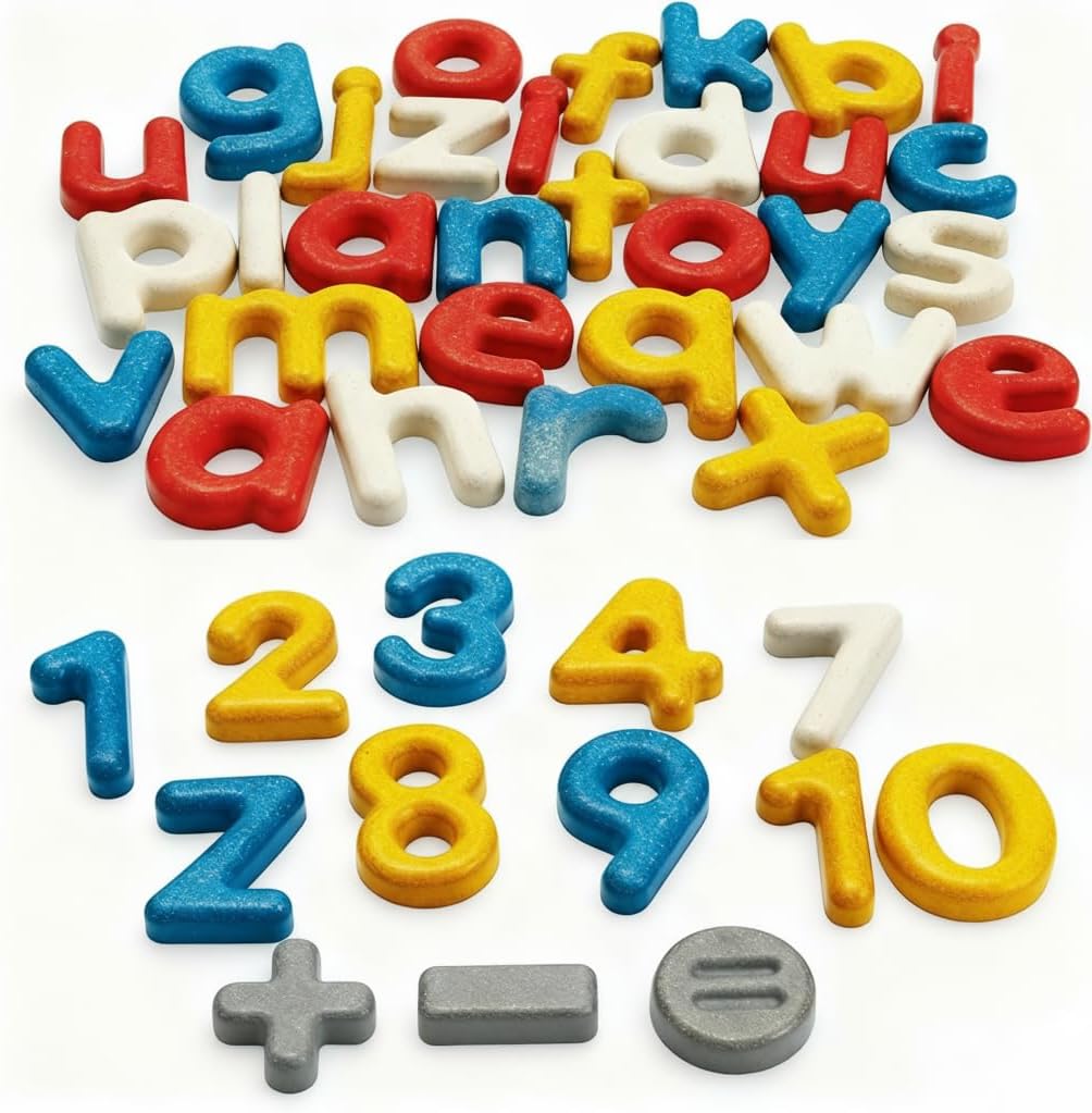 PlanToys Lower Case Alphabet & Numbers with Symbols | Montessori Wooden Learning Toys for Kids | Eco-Friendly Educational Playset for Reading, Spelling & Math Skills