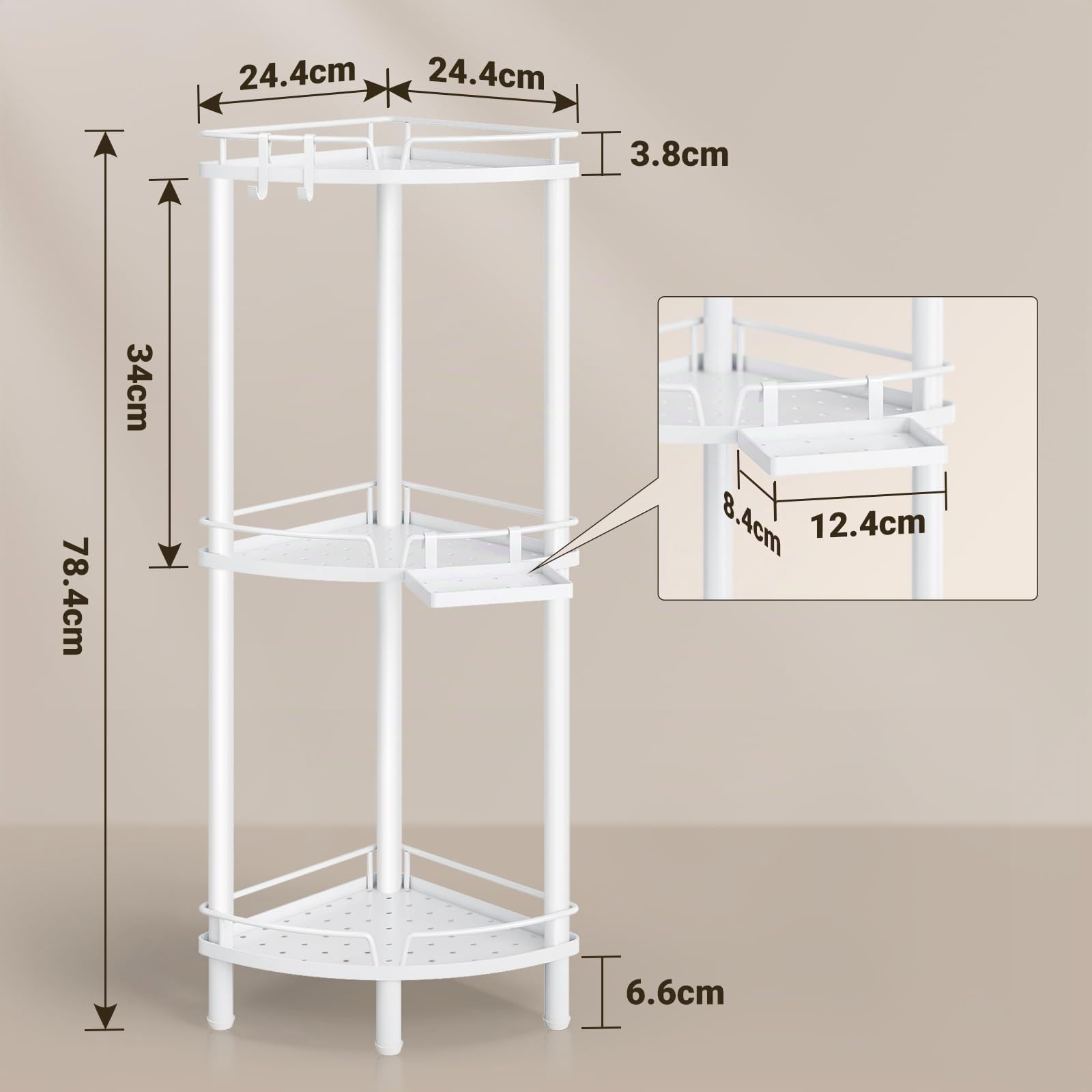 ELYKEN Étagère d'angle pour douche, à 3 niveaux, en métal antirouille, avec porte-savon, étagère d'angle au sol avec pieds réglables et 2 crochets de bain, blanc