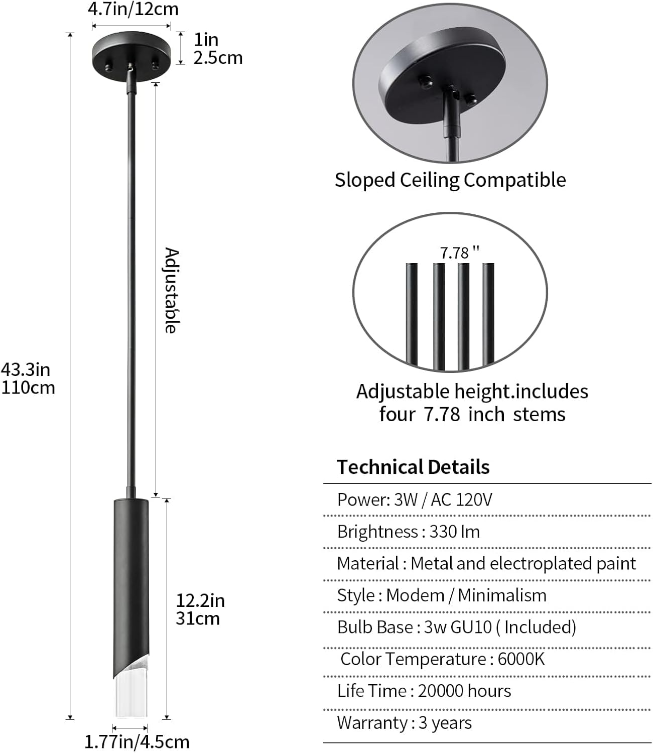 Modern Pendent Lights in Kitchen, Black Mini Pendant Light Bedroom Bedside Table Small Chandelier, Metal Rod Ceiling Pendant Lighting for Kitchen Island Bedroom Restaurant bar (3-Pack)