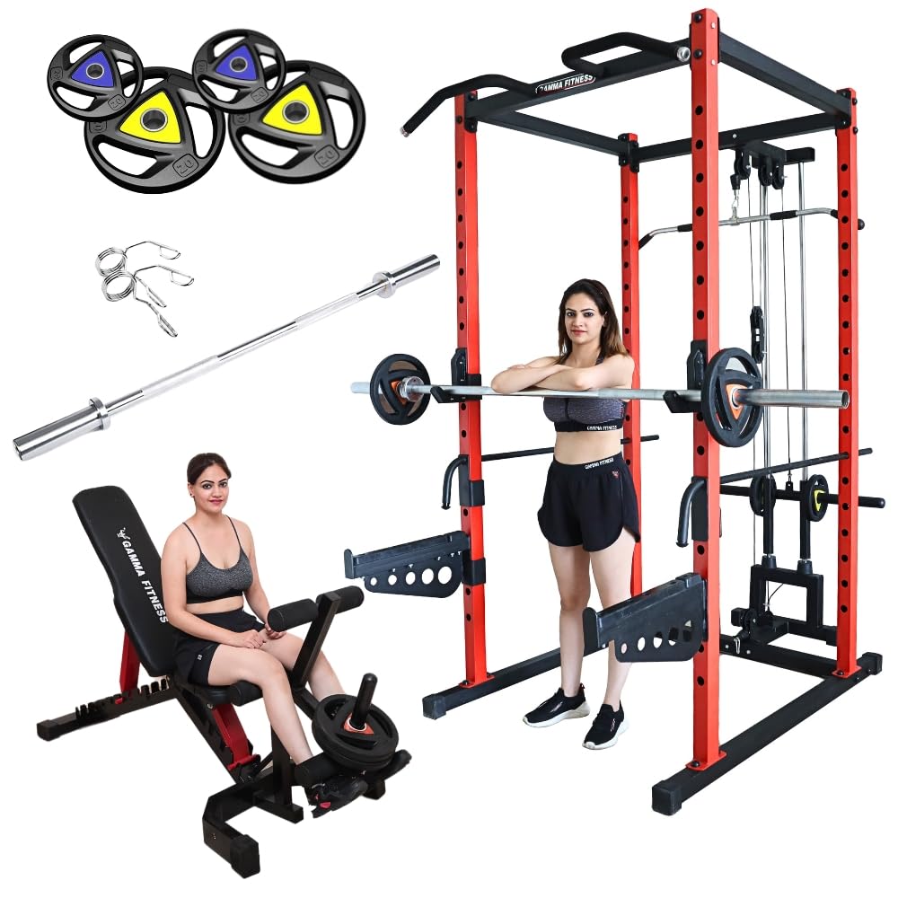 Gamma Fitness Power Squat Rack PR-40 Luxury Combo with Olympic 7 Feet Barbell, Adjustable Bench MB-400 & Rubber Coated Weight Plates (300 Kg)-image-18