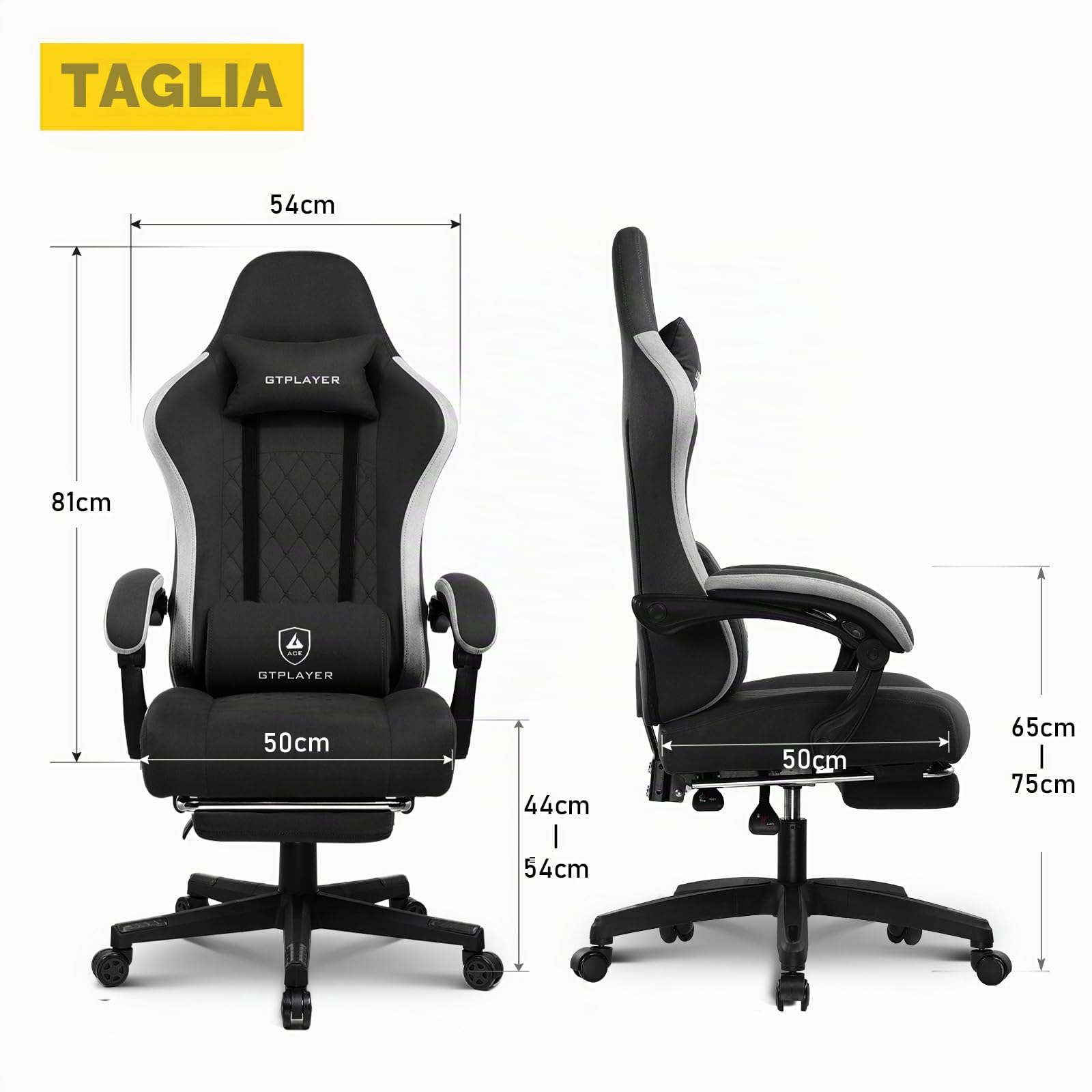 GTPLAYER Sedia da gaming, ergonomica, da scrivania, con superficie in tessuto, cuscino a molla, braccioli di collegamento e poggiapiedi, Nero