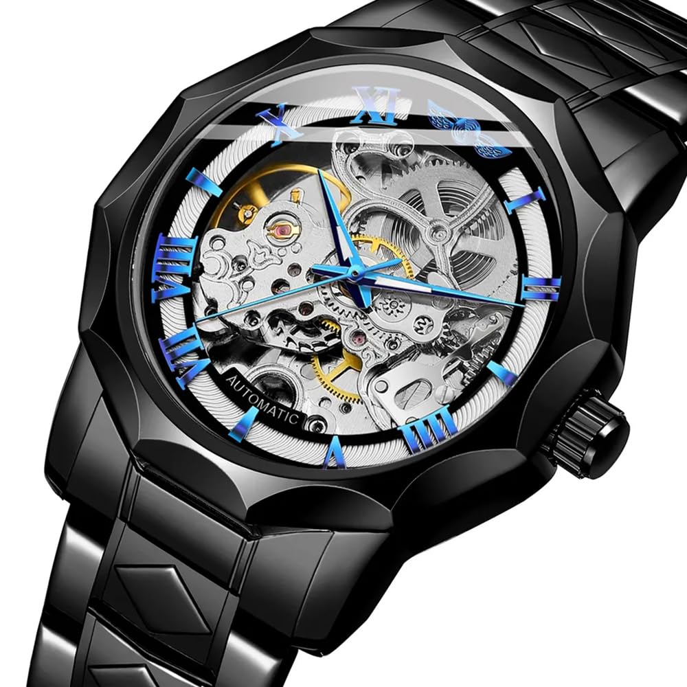 Tiong Relojes automáticos de moda, reloj de pulsera mecánico dorado para hombre, relojes de esqueleto con esfera transparente de acero inoxidable, TW1239-negro, Mecánico