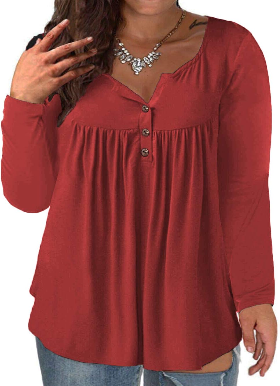 VISLILY Women's Plus Size Henley Shirts Long Sleeve Tops Buttons Up Blouses Pleated Tunics