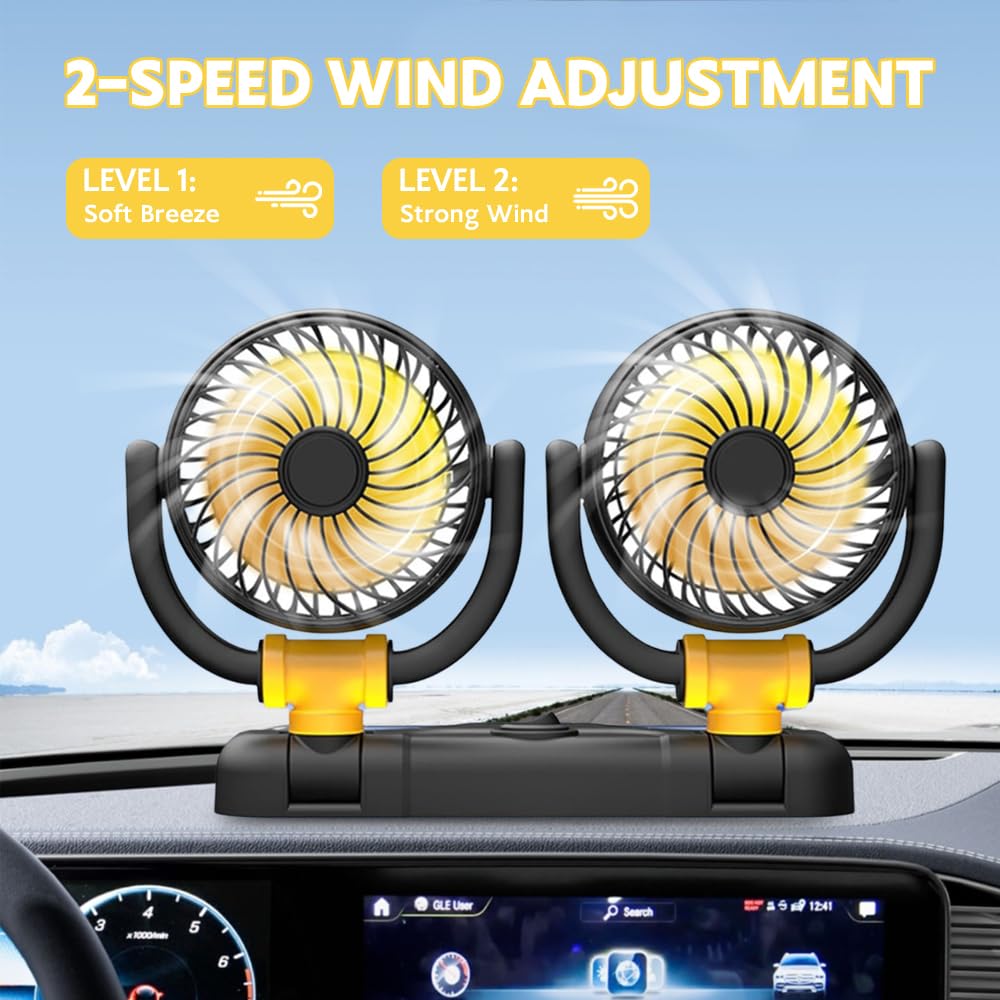Ventilatore Auto, Ventilatore Auto Doppia Testa, 360° Ruotabile Ventola, 12 V Ventilatore da Auto con Presa Accendisigari, 2 Velocità per SUV RV ATV Camion Camper Auto Furgone Barca