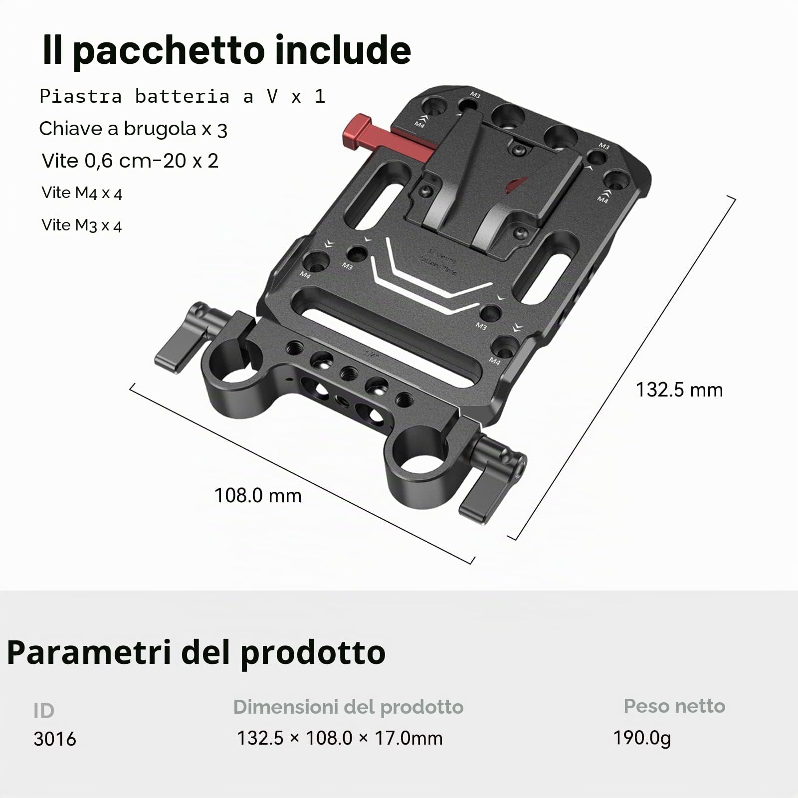 SMALLRIG Piastra Batteria con Montaggio a V con Doppio Morsetto per Asta da 15 mm - 3016