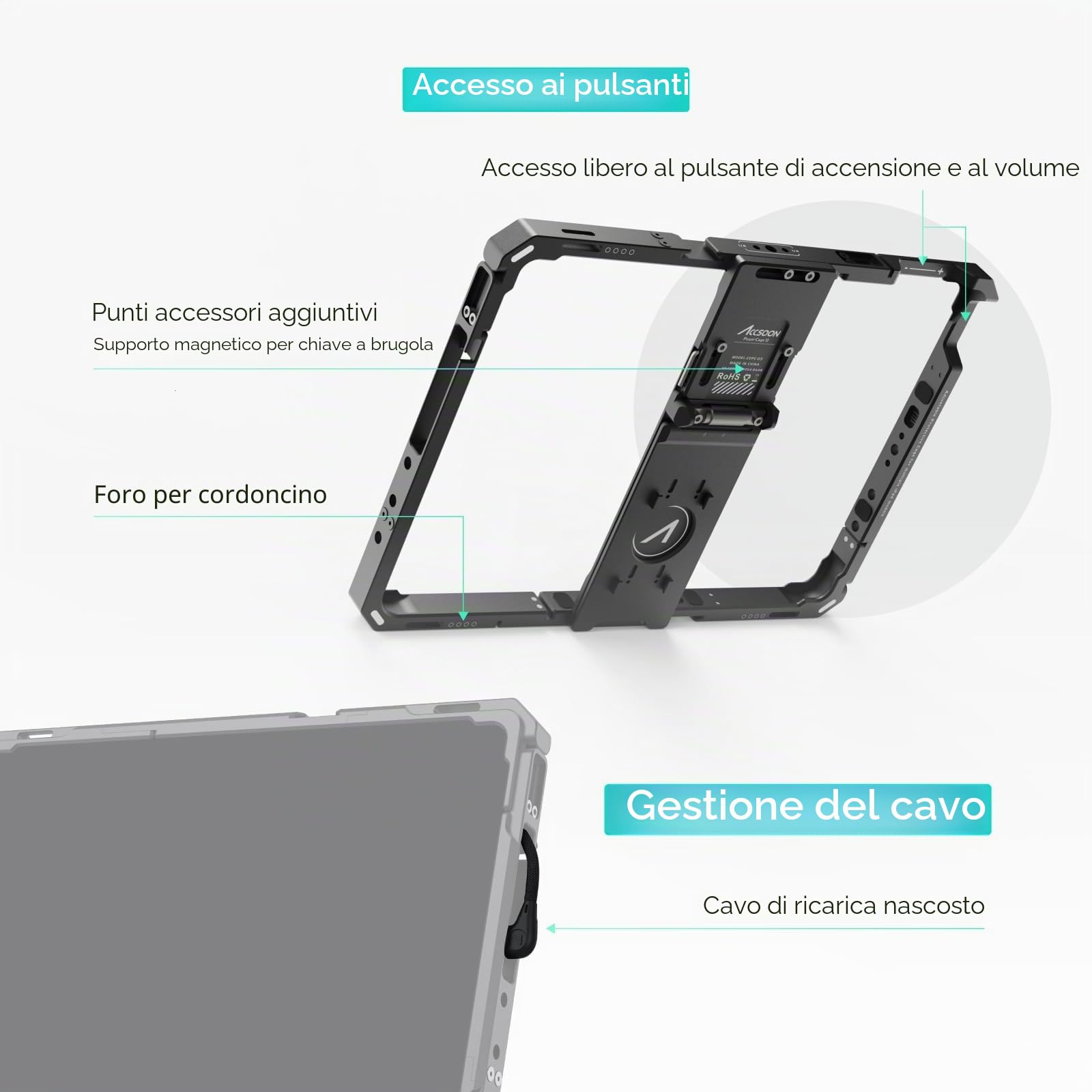 Accsoon Power Cage II per iPad Gen 5-10/Air 3-5/Pro 9.7,10.5,11 Pollici (Gen 1-4) per RED KOMODO Gimbal SLR Mirrorless Kit Trasmissione Wireless e Display