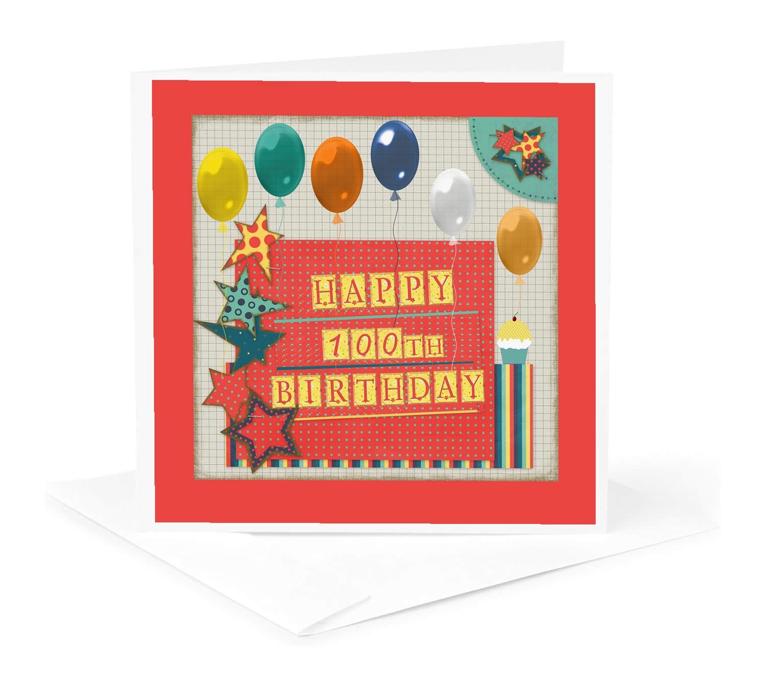 3dRose gc_240861_5 6 x 6-Inch "100Th Birthday Balloons Cupcake Stars Block Letter Orange Green" - Greeting Card