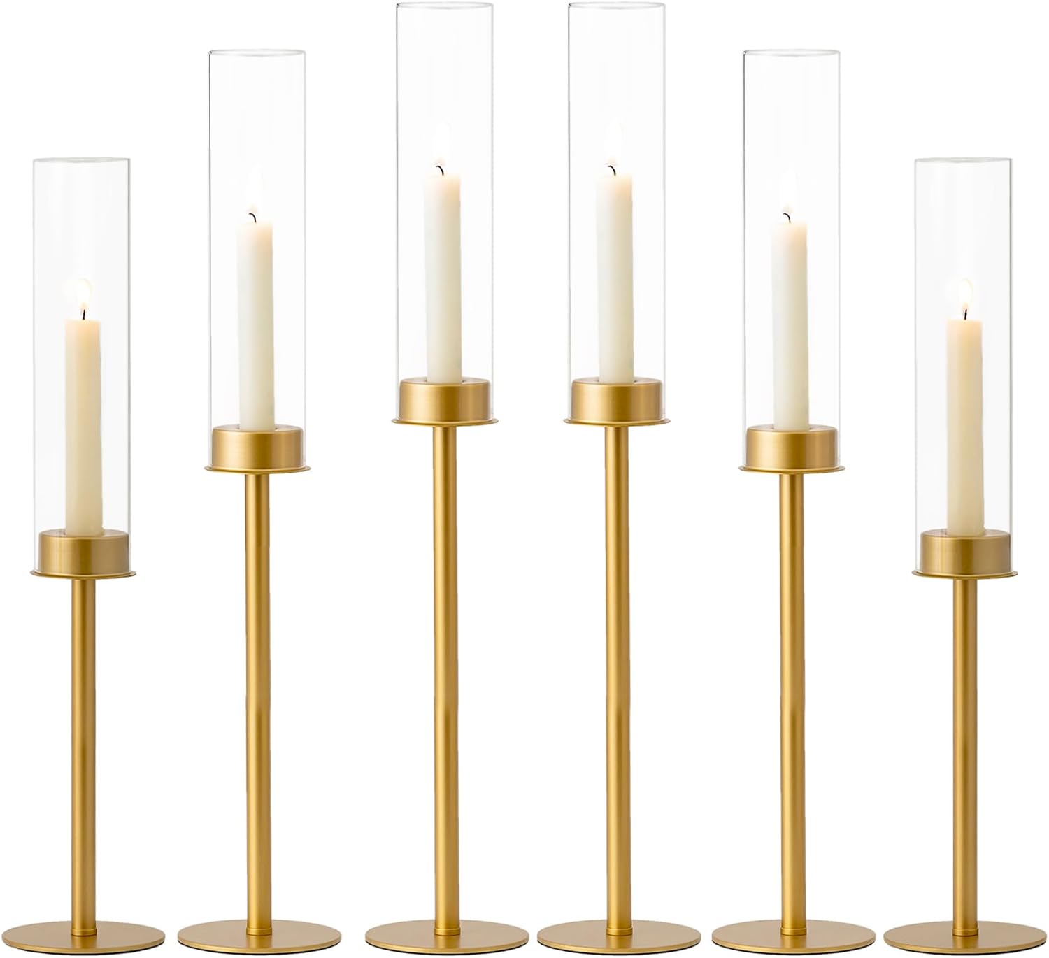 Hewory Gold Candle Holders Tall Hurricane Candlestick Holders: 6Pcs Brass Taper Candle Holder Candelabra Centerpieces, Candle Stick Candle Holder with Candle Cover for Wedding Dinner Christmas Decor 6PCS Matte Gold