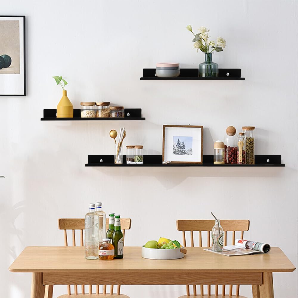 4 Stück Wandregal Schwarz Metall, Schweberegal, 40 x 10 x 4 cm | mit Schrauben und Haken, Küchenregal Wand Schwarz, Metallregal Schwebende, für Wohnzimmer, Küche, Bad, Schlafzimmer, Büro