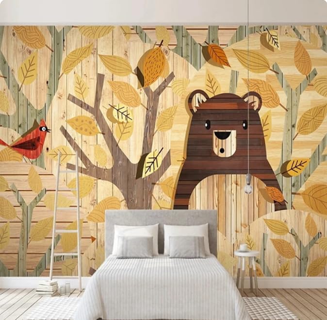 Papier peint 3D salon avec motif ours boisé pour une ambiance chalet