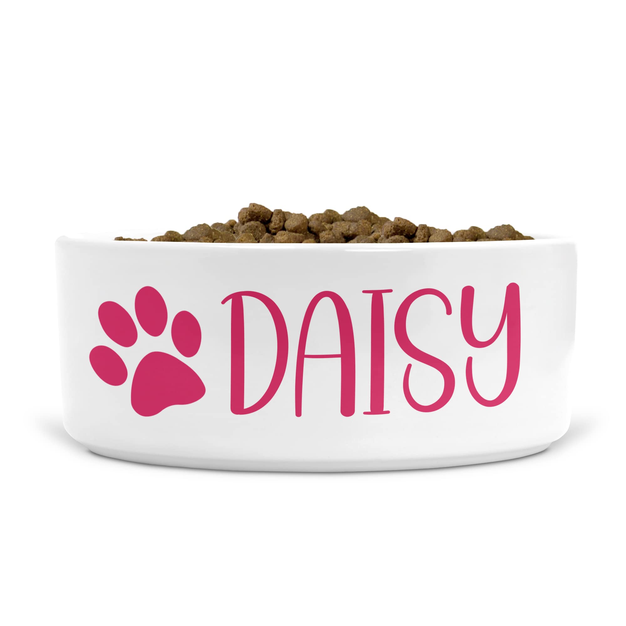 Personalised Ceramic Dog Bowl Paw Print - Ideal for Food & Water Bowls Size Medium-Large Dogs (Raspberry print, Text Style HA)