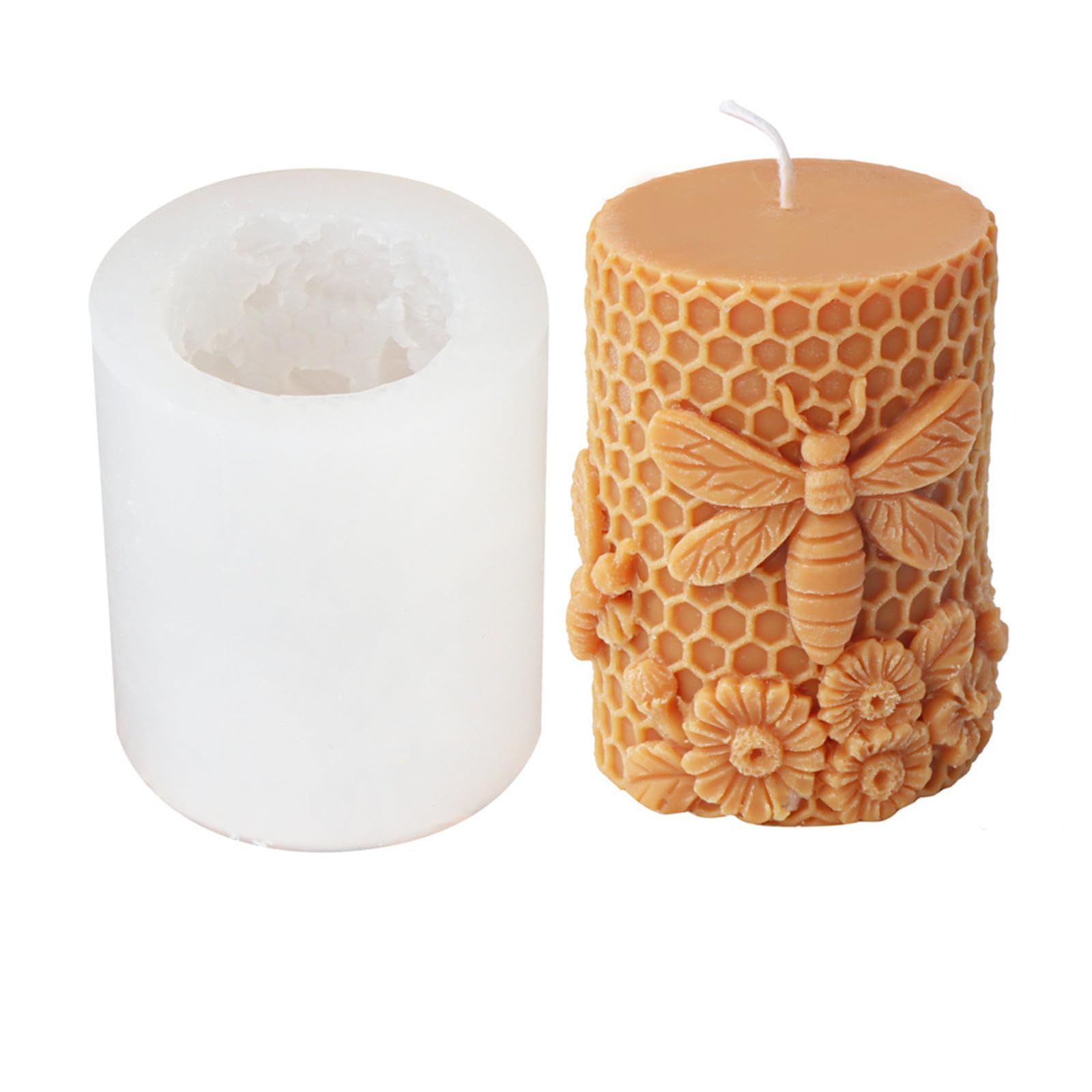Bee Honeycomb Flower Cylinder Candle Mould, Honeybee Beehive Pillar Silicone Mold for Beeswax Candle, Soy Wax Candle, Plaster Ornament, DIY Crafts (B)