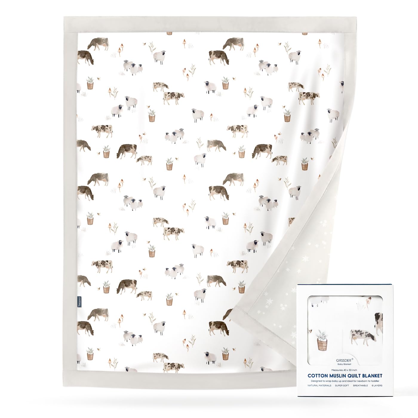 GRSSDER Muslin Cotton Quilt Blanket - Silky Soft and Breathable Baby Blanket Quilt, Oversized Muslin Blankets for Newborns, Toddlers &amp; Kids, 6 Layers Reversible Design for All Seasons, 40" x 50"