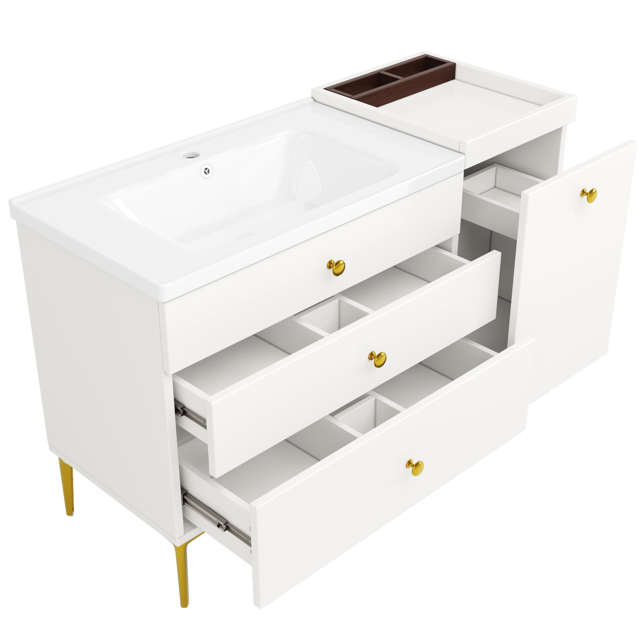 SUKY Armadietto da bagno con lavabo in ceramica, mobiletto da bagno con cassetti e armadio, moderno mobile da bagno, 120 x 47,5 x 80 cm, bianco con oro