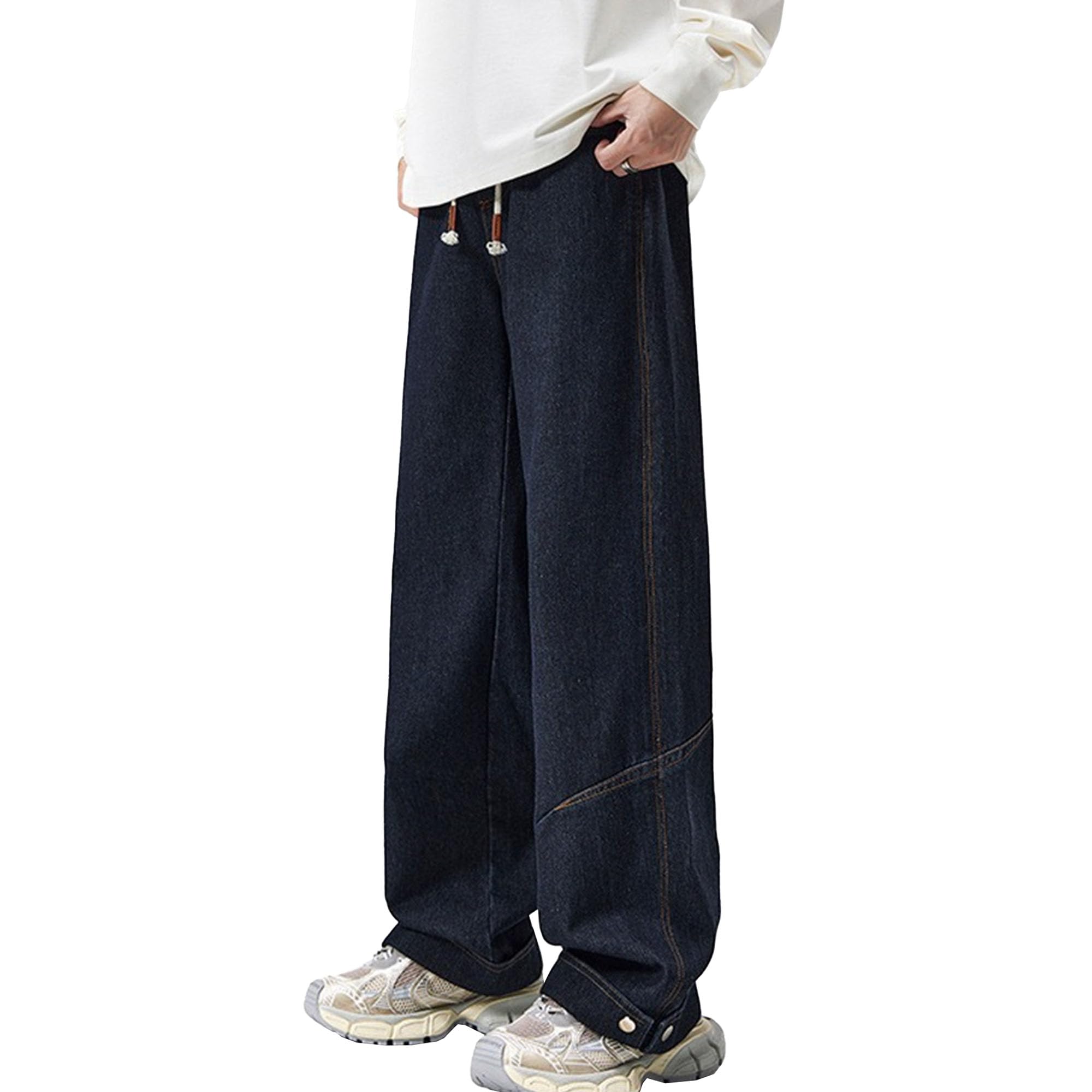 JEShifangjiusu Mens Drawstring Elastic Waist Jeans Y2K Hip Hop Loose Raw Denim Pants Baggy Relaxed Fit Denim Pants
