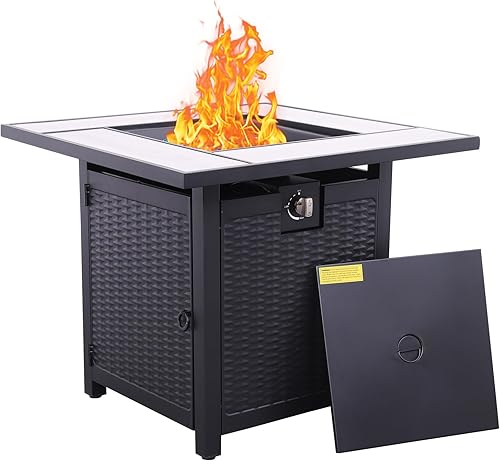 WAROOM Fogata de propano, mesa de mimbre de polietileno para exteriores de 30 pulgadas con vidrio ignífugo y cubierta impermeable, para fiestas y