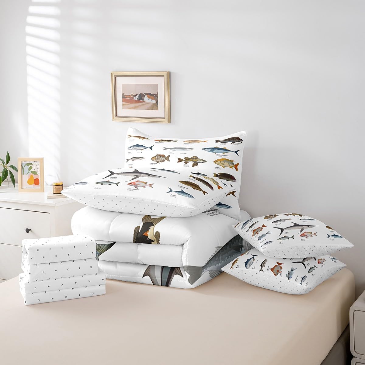 7 Piece Bass Fish Bed in a Bag for Boys Girls Farmhouse Fishing and Hunting Theme Sheet Set, Samll Fish Bed Set Big Pike Fishing Cushion Covers Fishing Lures Hook Hunting
