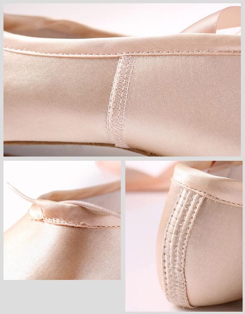 Zapatillas de Ballet de Punta Pointe Zapatos Satén con Suela de Cuero y Cintas para Niñas Rosa