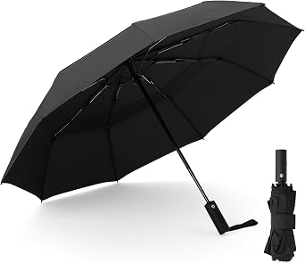Compact Travel Umbrella fo Rain, Windproof Folding Umbrella with 9 Fiberglass Ribs, Vented Double Canopy, Automatic Open Close, Lightweight Portable Umbrella